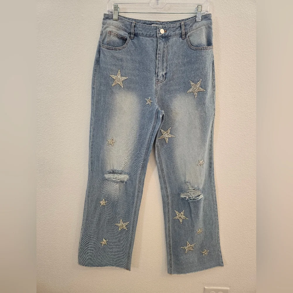 Why Dress NWT Embroidered Embellished Star Light Blue Denim Wide Leg Jeans Large - Picture 4 of 10